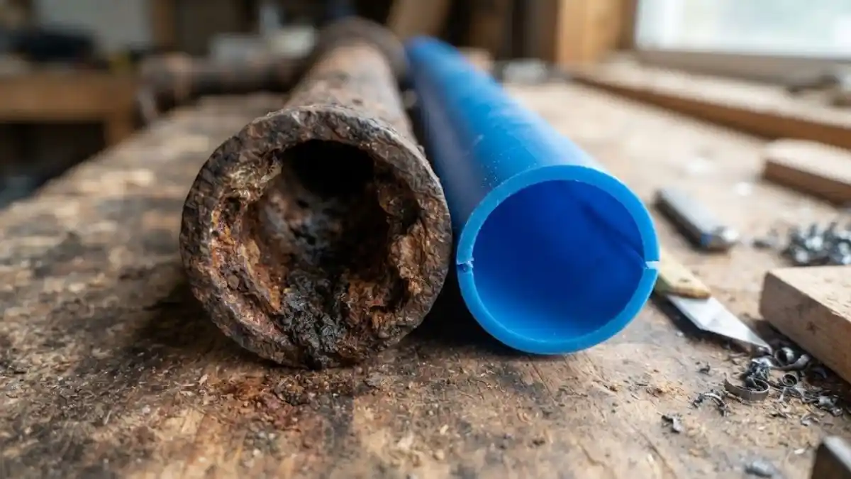Corroded galvanized pipe versus new PEX