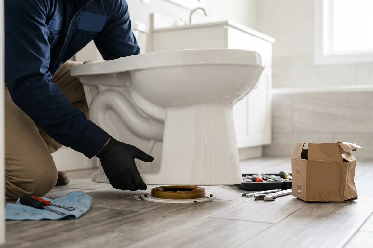 Toilet installation on a fresh wax ring in a Parker, CO home